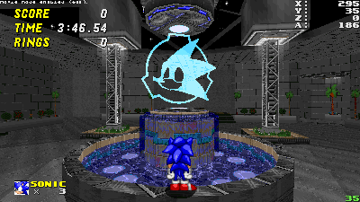 Sonic standing in front of a fountain displaying the SRB Foundation's logo